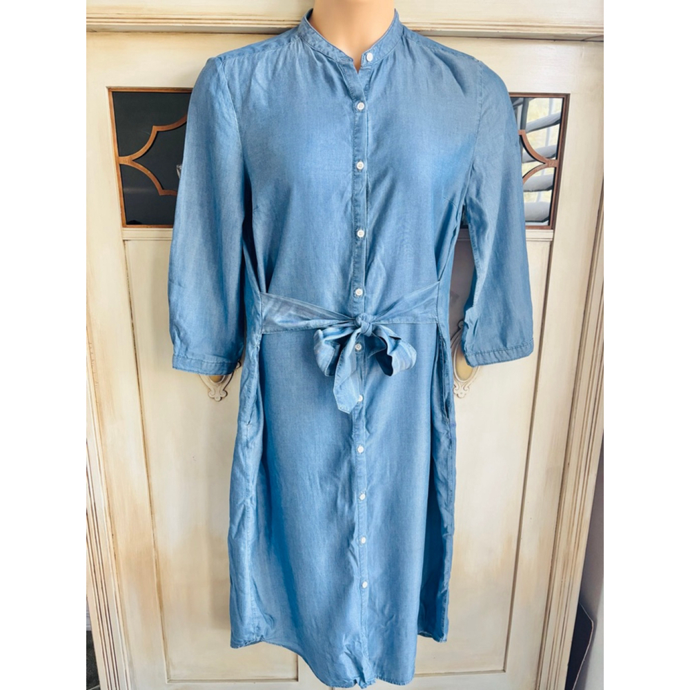 EUC J MCLAUGHLIN Denim-Look Tencel ButtonFront ShirtDress TieBelt Pockets Med
